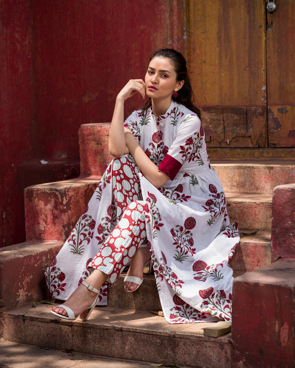 Maroon mughal boota printed cape with pants by The Weave Story | The ...