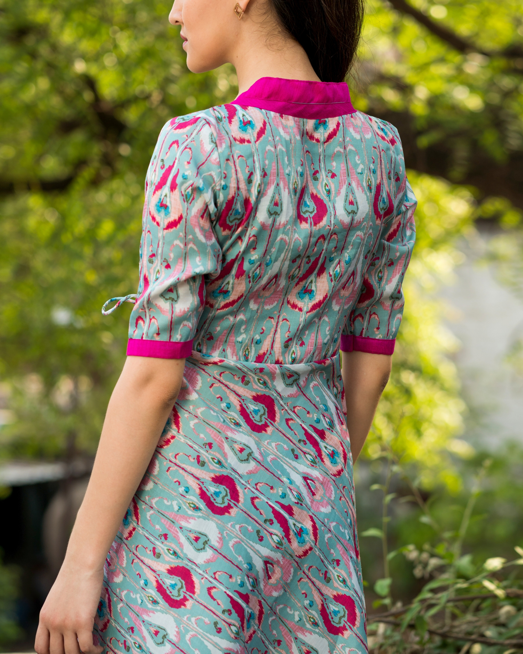 blue and pink wrap dress