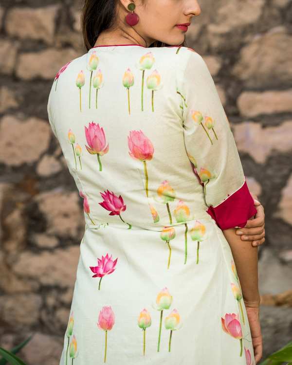 Lotus printed off white wrap dress by Desi Doree | The Secret Label