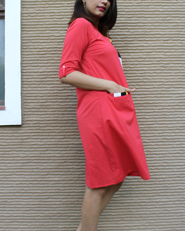 Red patchwork A-line dress 2