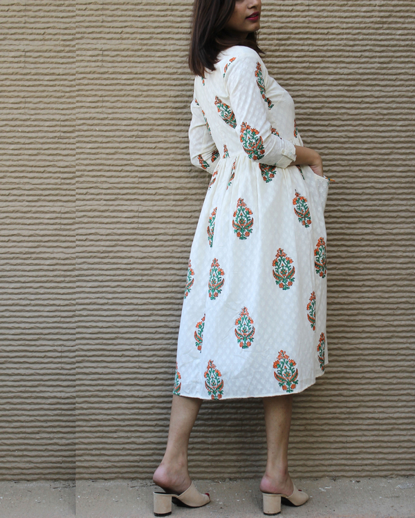 Beige block printed gathered dress 1