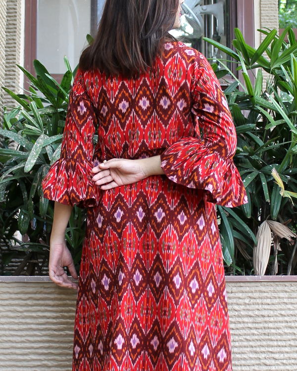 Red ikat flared sleeves dress 1