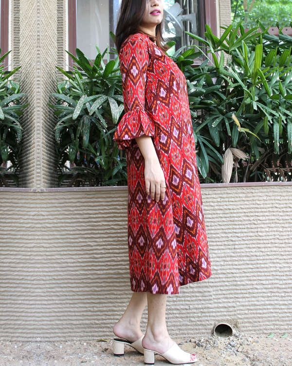 Red ikat flared sleeves dress 2