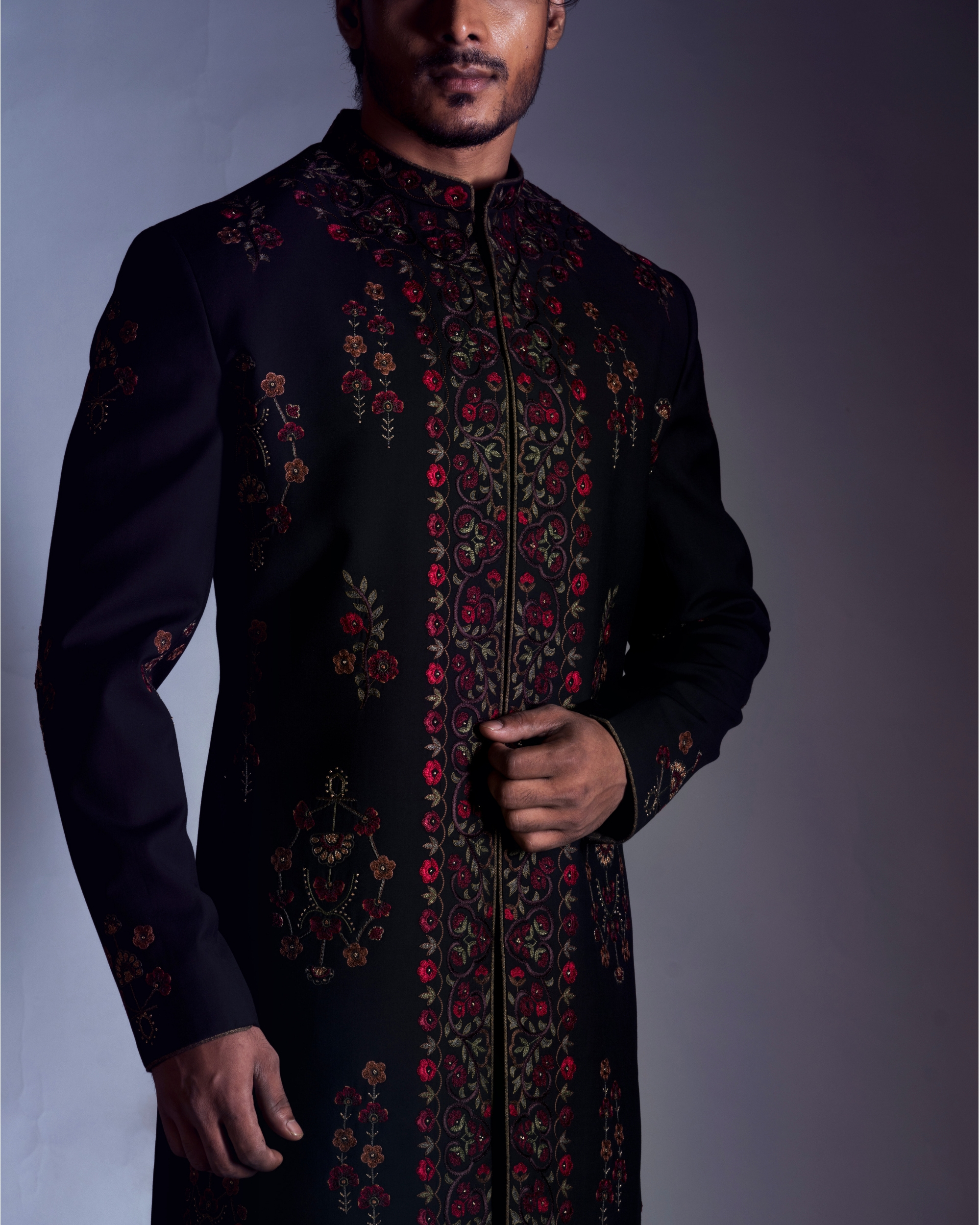 Black embroidered sherwani with trousers 1