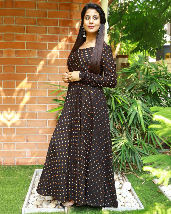 Black bandhani flared dress by Athira Designs | The Secret Label
