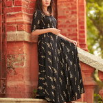 Cotton black printed flared dress by Athira Designs