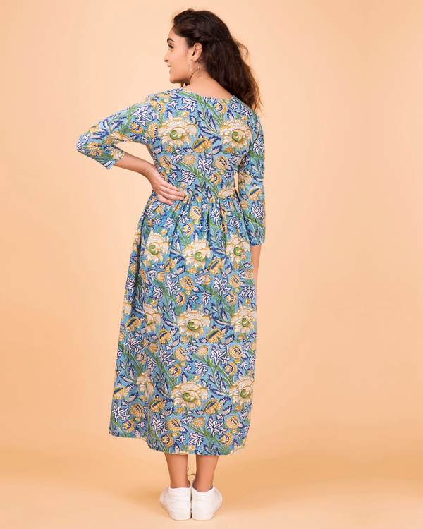 Teal printed tie-up dress by Twirl Studio | The Secret Label