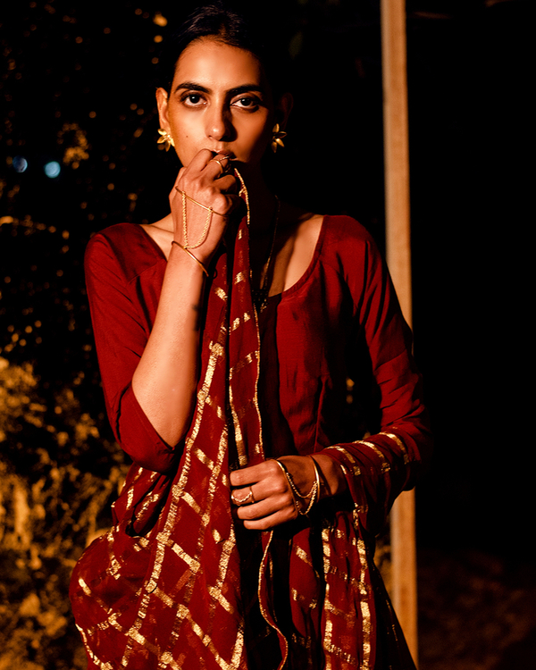 Rust tie-up flared dress with dupatta - Set of Two 1
