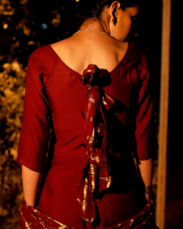 Rust tie-up flared dress with dupatta - Set of Two 2