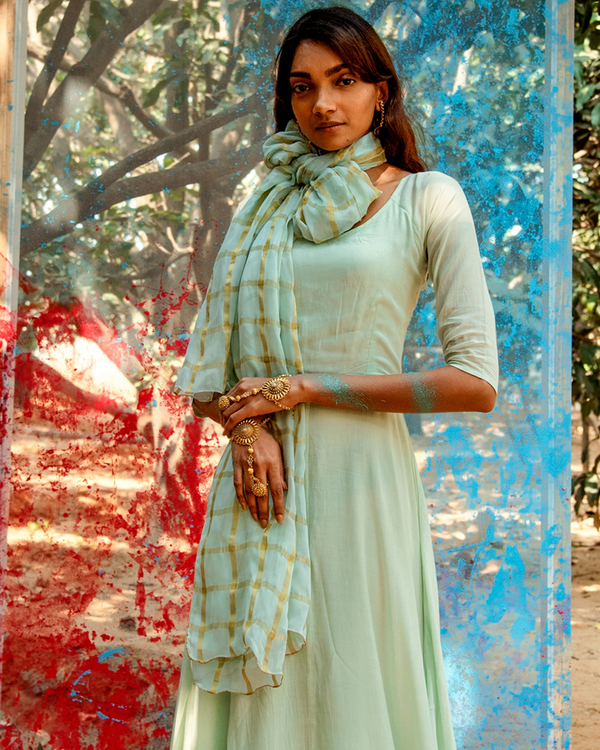 Pista green tie-up flared dress with dupatta - Set of Two 1