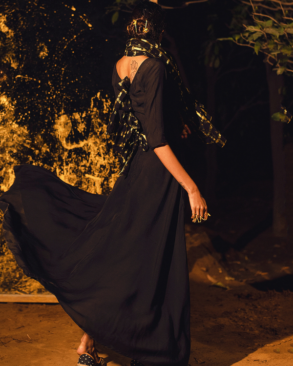 Black tie-up flared dress with dupatta - Set of Two 1