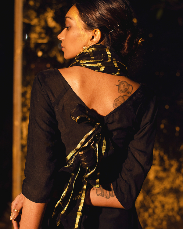 Black tie-up flared dress with dupatta - Set of Two 2