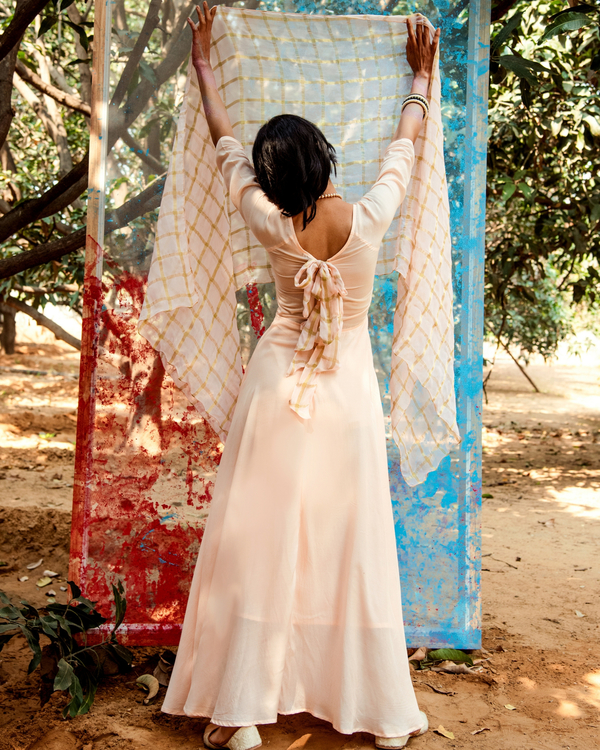 Peach tie-up flared dress with dupatta - Set of Two 1