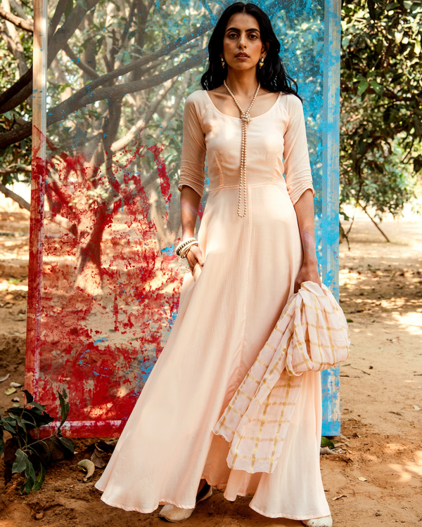Peach tie-up flared dress with dupatta - Set of Two 2