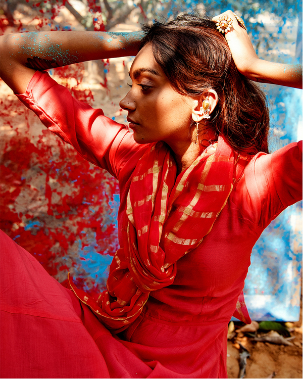 Coral tie-up flared dress with dupatta - Set of Two 1