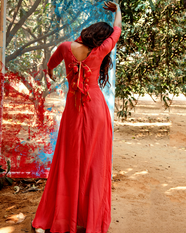 Coral tie-up flared dress with dupatta - Set of Two 2