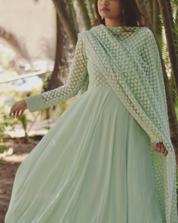 Georgette green star dress with dupatta - Set of two 1