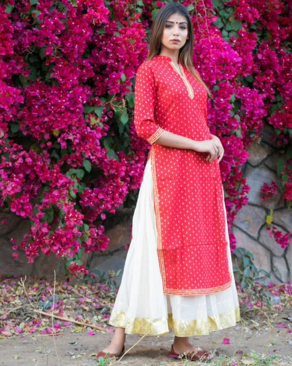 Gota detailed red and off white kurta dress - Set of two 2