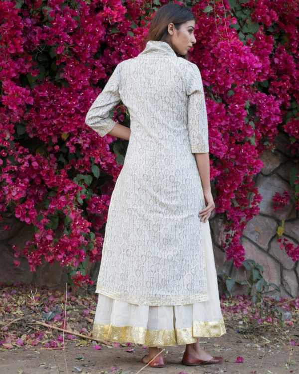 Off white cotton block printed kurta dress - Set of Two 2