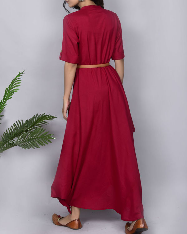 Maroon maxi dress with leather belt 2