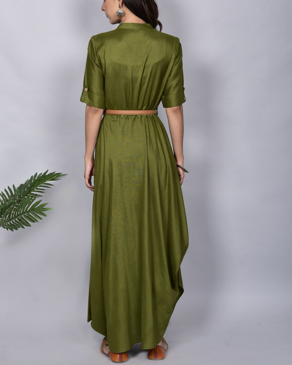 Olive green maxi dress with leather belt 2