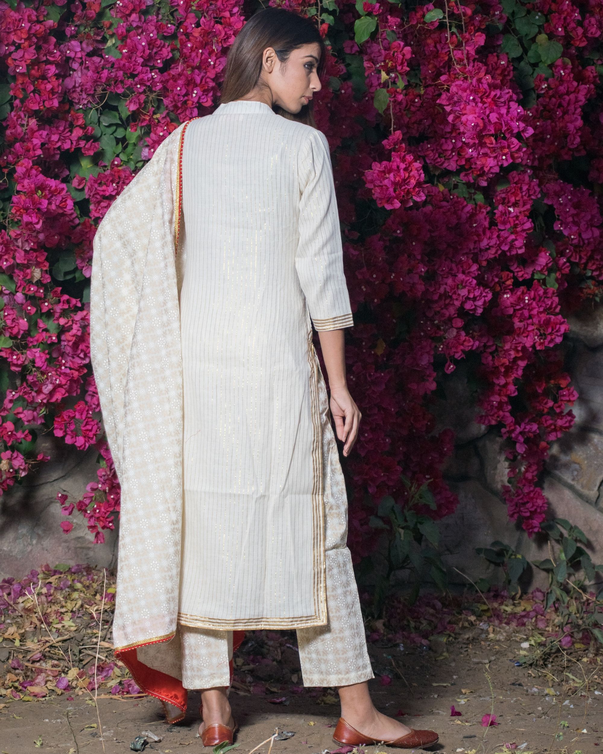 Cotton lurex kurta set with printed dupatta - set of three by Keva ...
