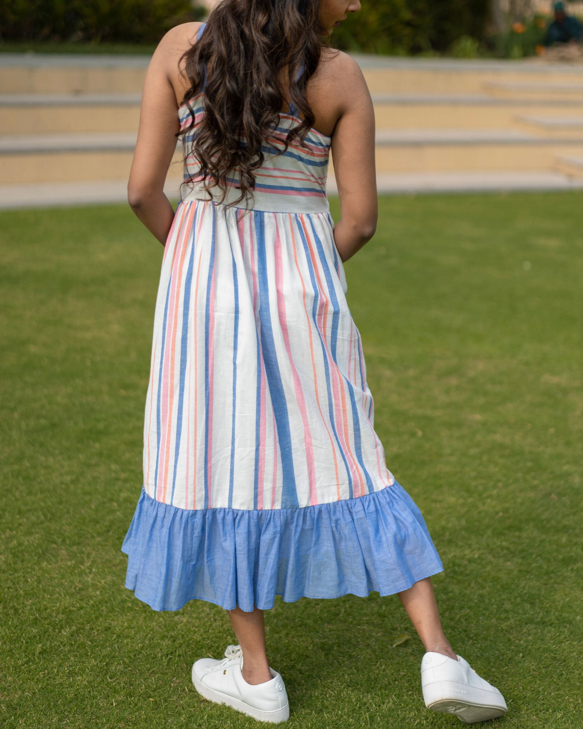 Ruffled pink and blue striped dress by The Patakha Closet | The Secret ...
