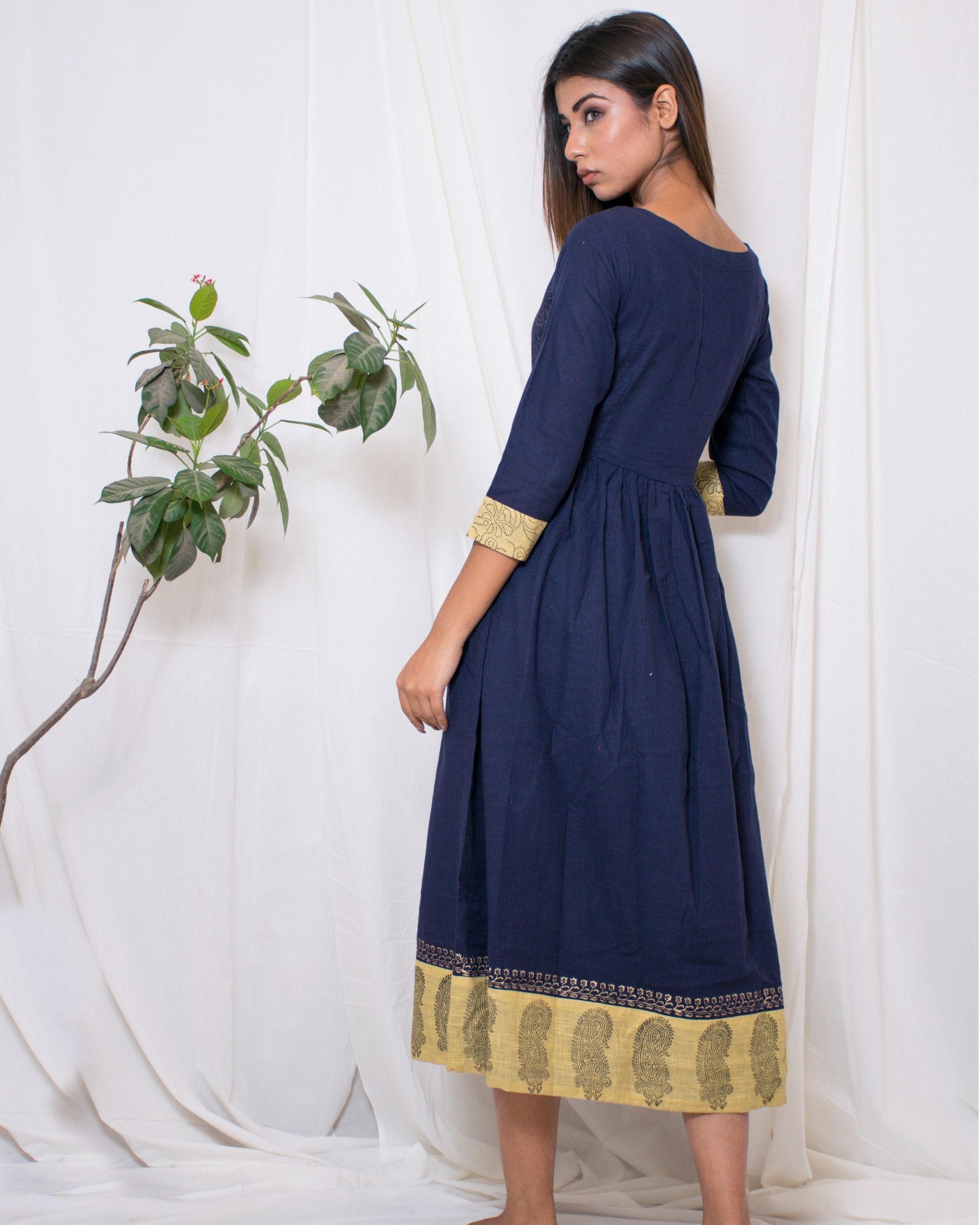 Navy blue block print motif dress by Chokhi Bandhani | The Secret Label