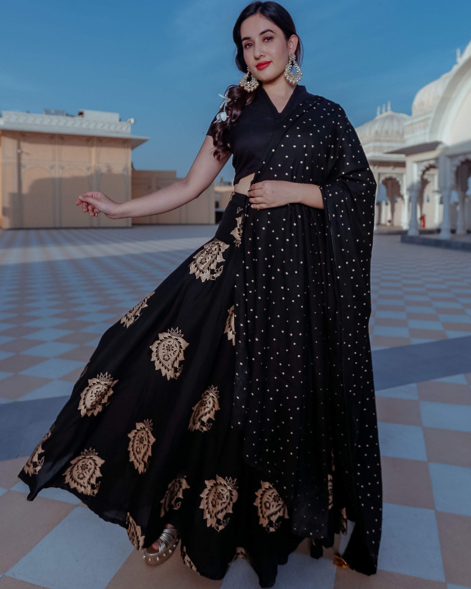 Black And Gold Printed Lehenga Set- Set Of Three By Floral Tales 