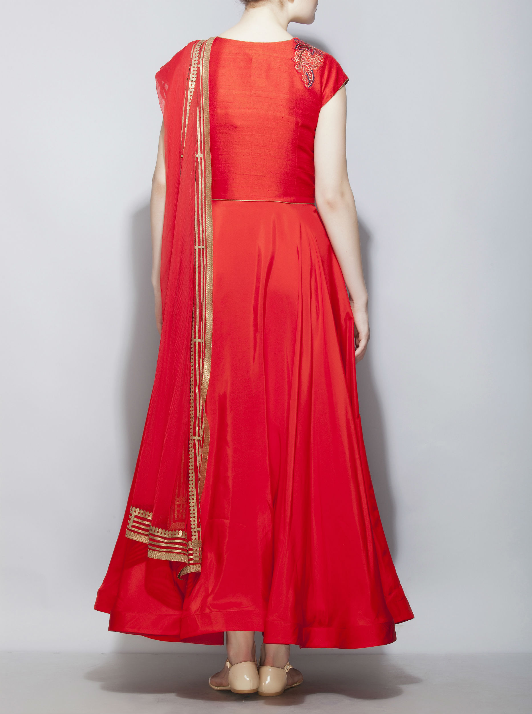 Red anarkali set in silk by Divyam Mehta The Secret Label