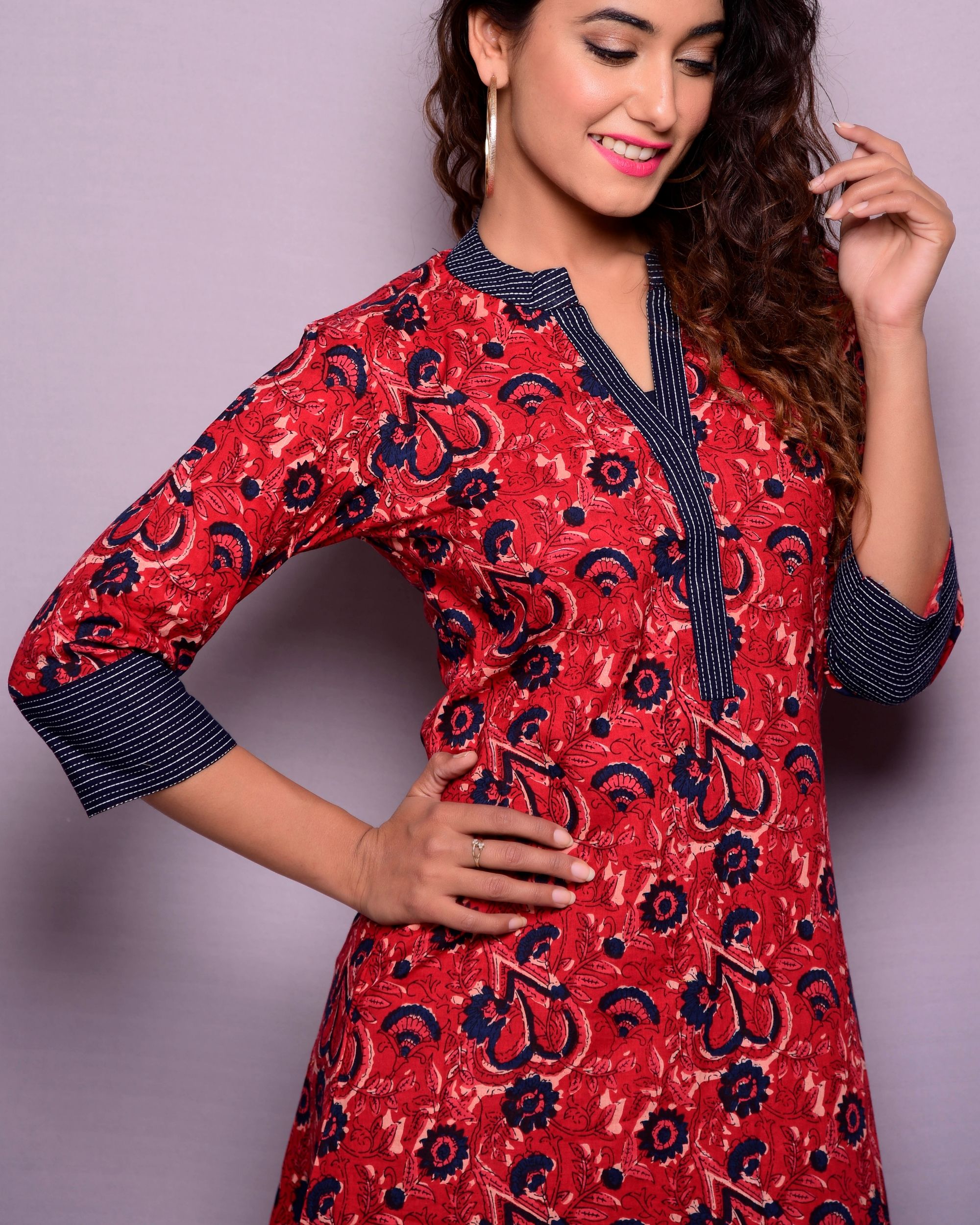 Red printed ankle length dress with blue inner- set of two by Kiswah ...