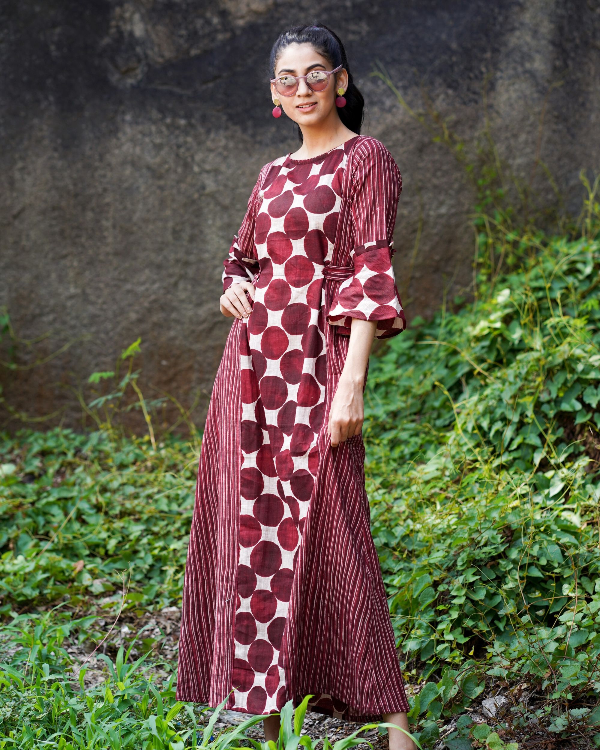 Maroon polka dots with stripes dress by Desi Doree | The Secret Label