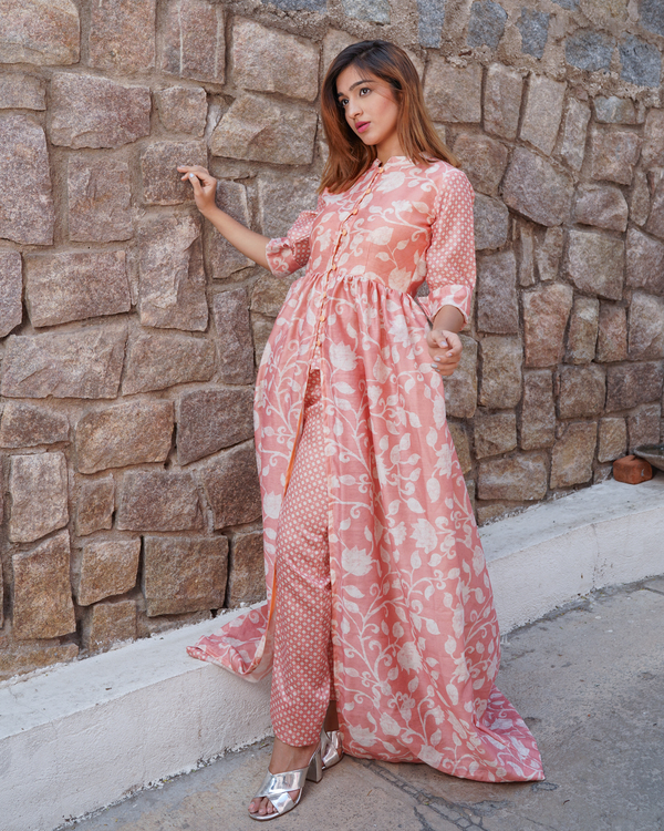 Pretty pink chanderi floral printed cape with pants -set of two by The ...