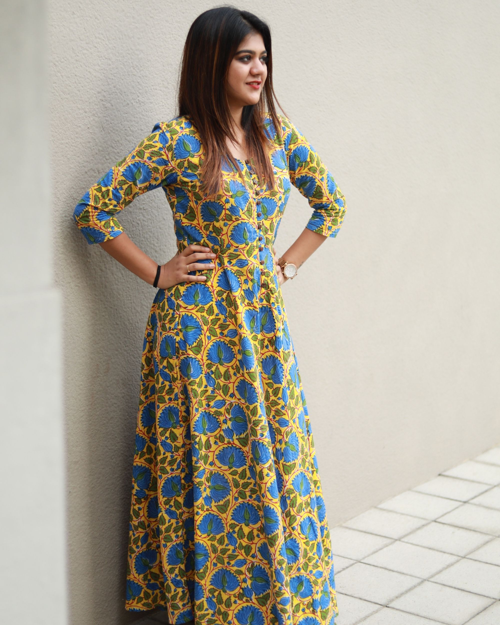 Lily yellow floral print long dress by The Anarkali Shop | The Secret Label