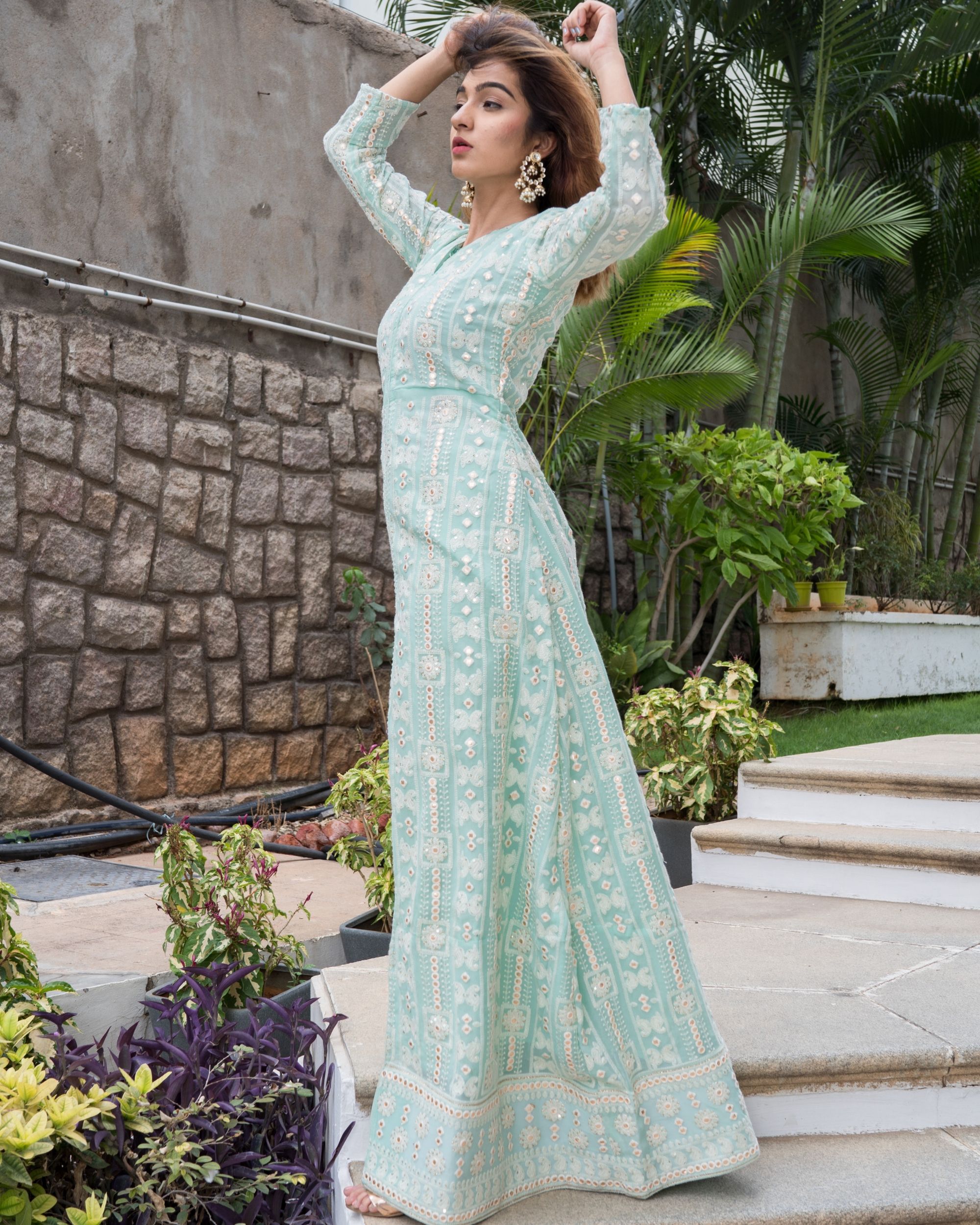 Mint green front slit laknavi cape with foil mirror work by The Weave ...