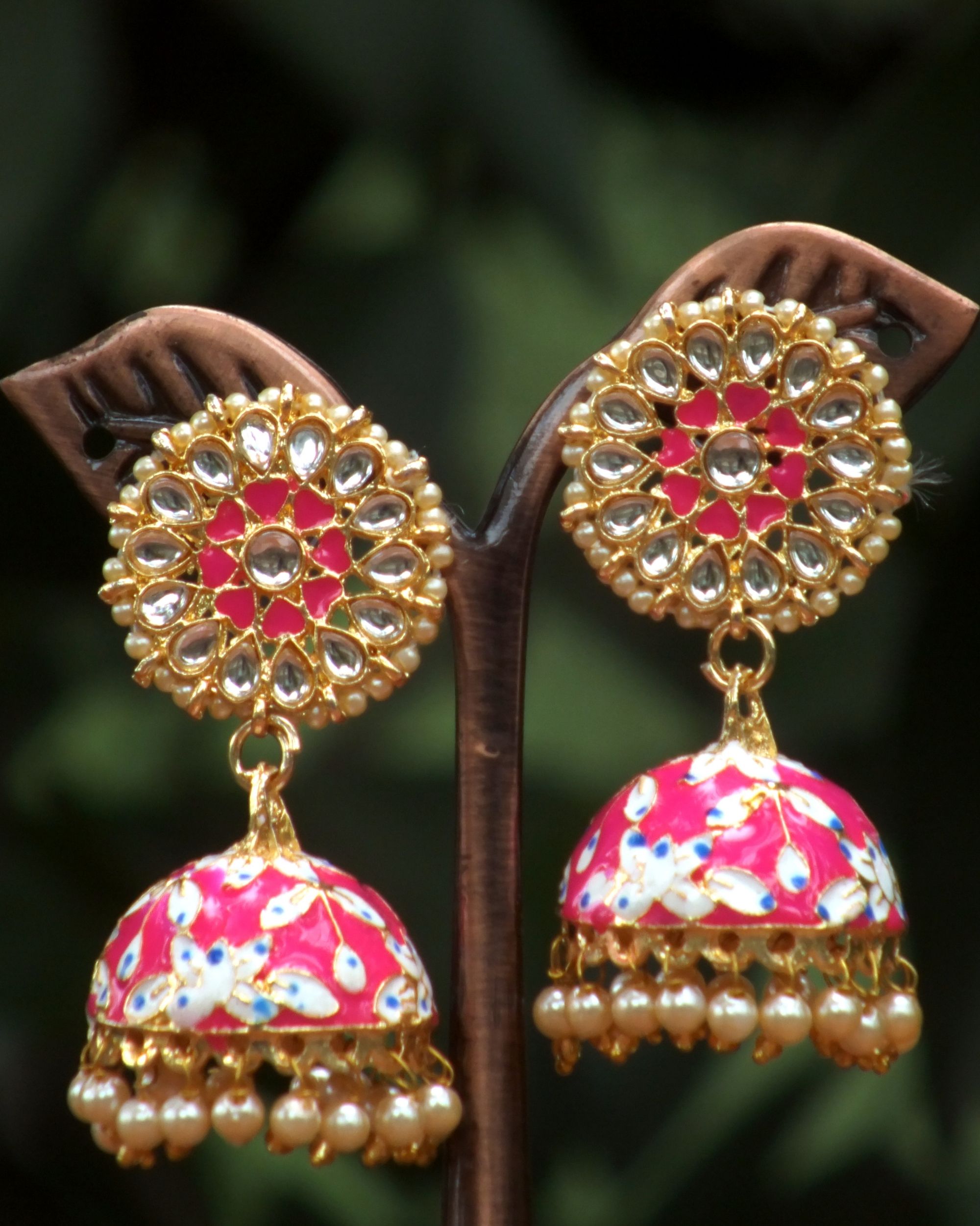 Pink stone and pearl meenakari jhumkas by Amytra's | The Secret Label