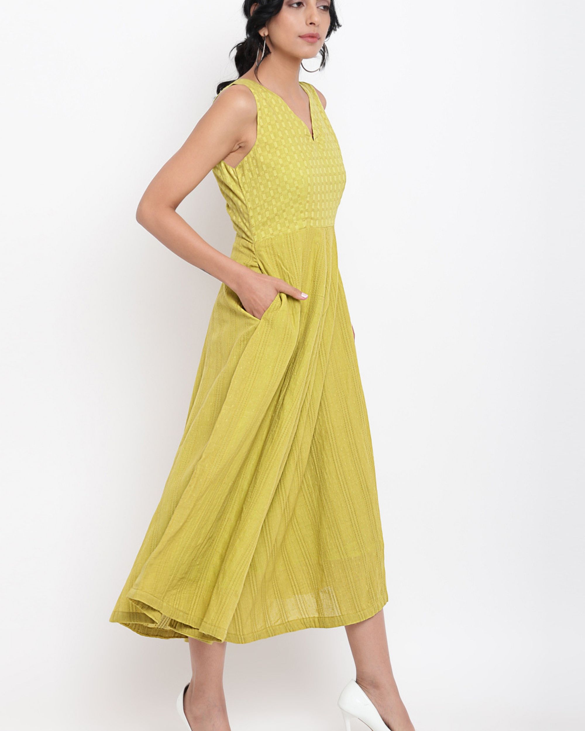 Green cotton panelled flare dress by trueBrowns The Secret Label