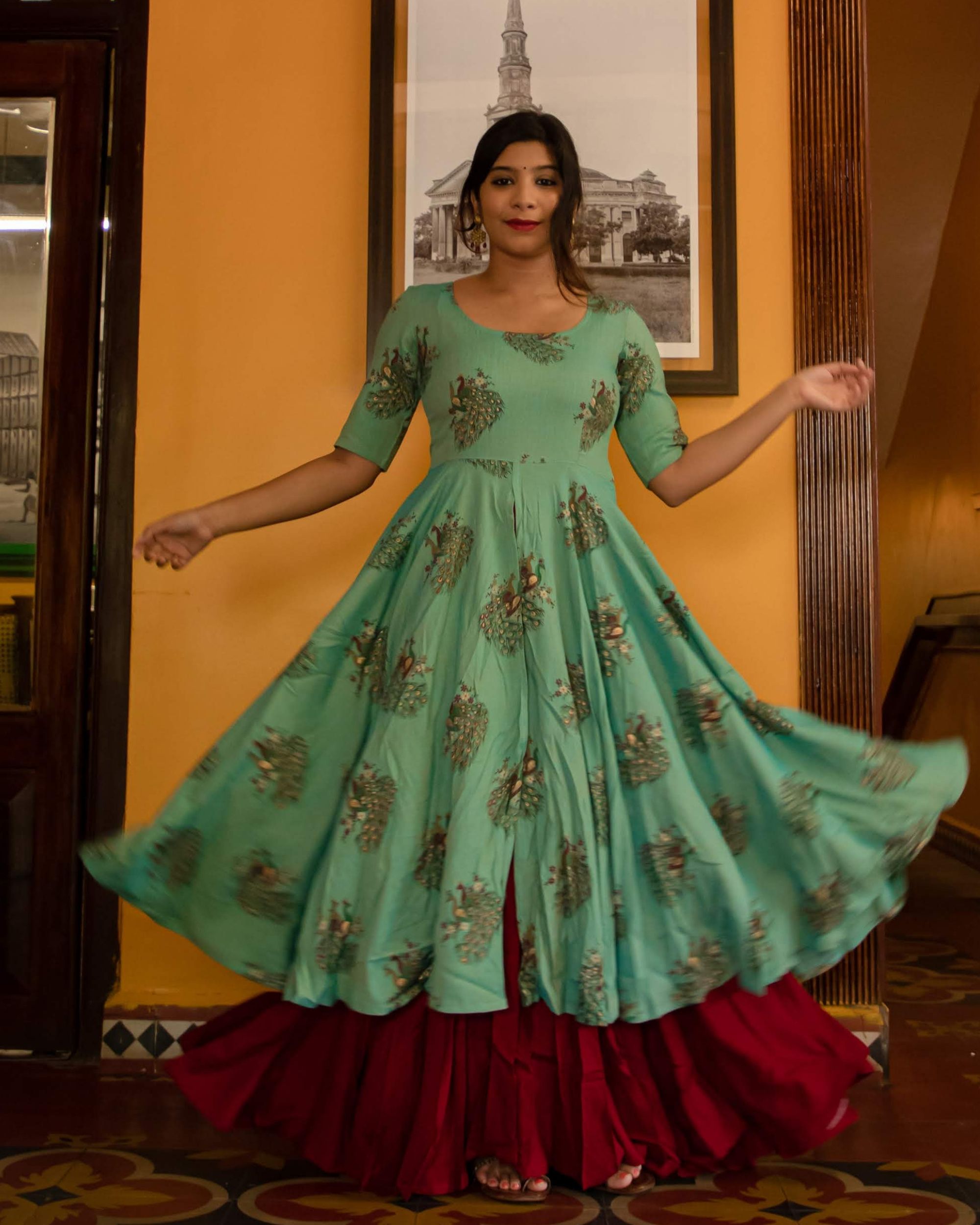 Sea Green peacock double layer dress by Athira Designs | The Secret Label