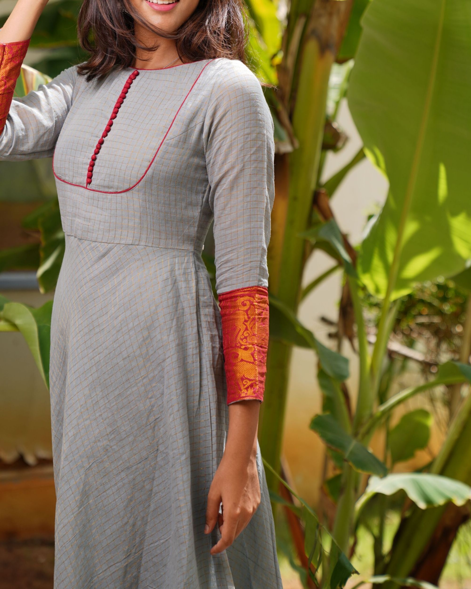 Grey and red sugundi dress by Ekanta The Secret Label