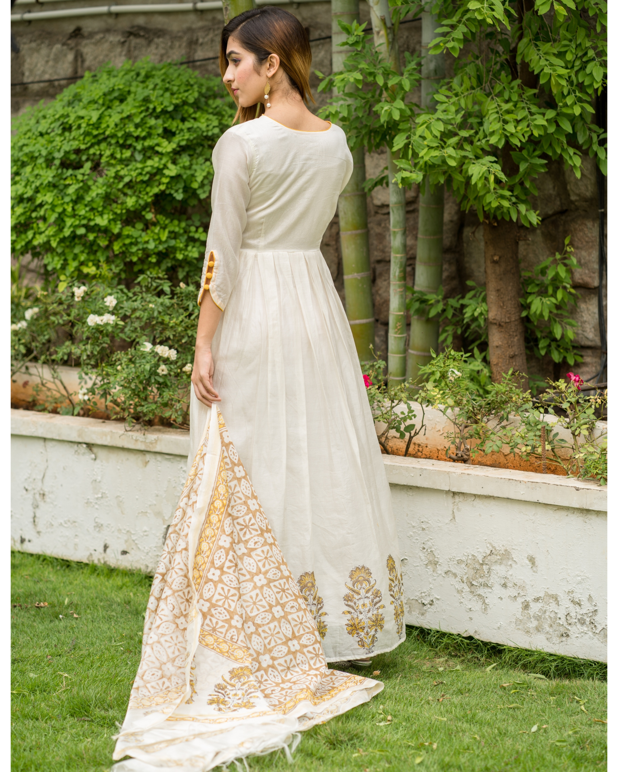 Yellow & beige box pleated dress with printed dupatta - Set of Two by ...