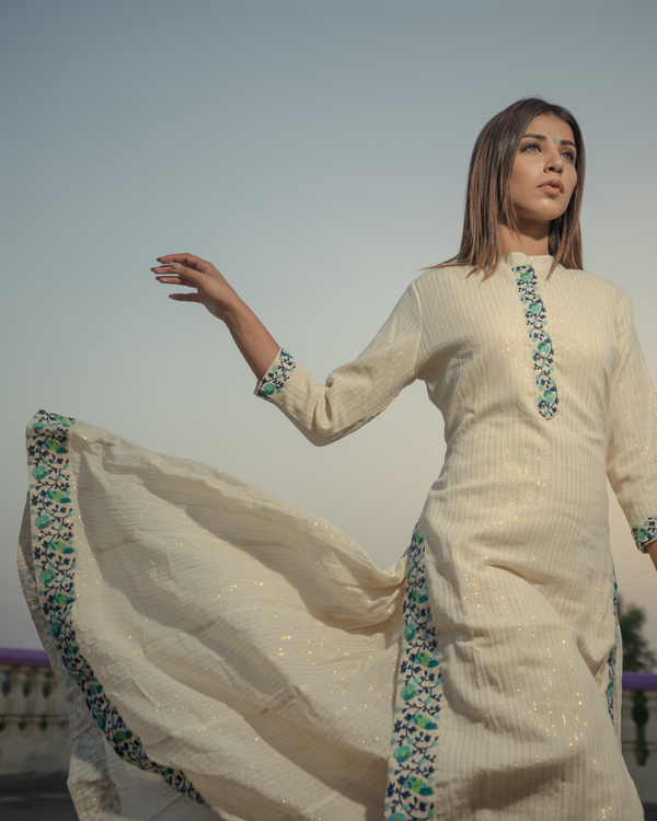 Off white and Turquoise embroidered kurta and inner - set of two 2
