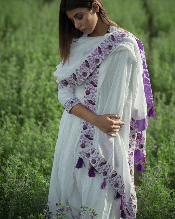 White Anarkali Set With Purple Embroidery - Set Of Three 2