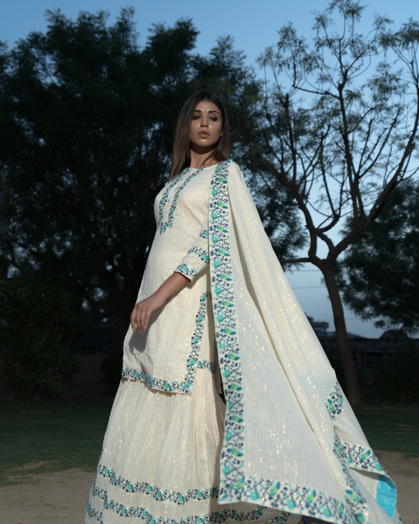 Off White Sharara Set with Turquoise embroidery - set of three 2