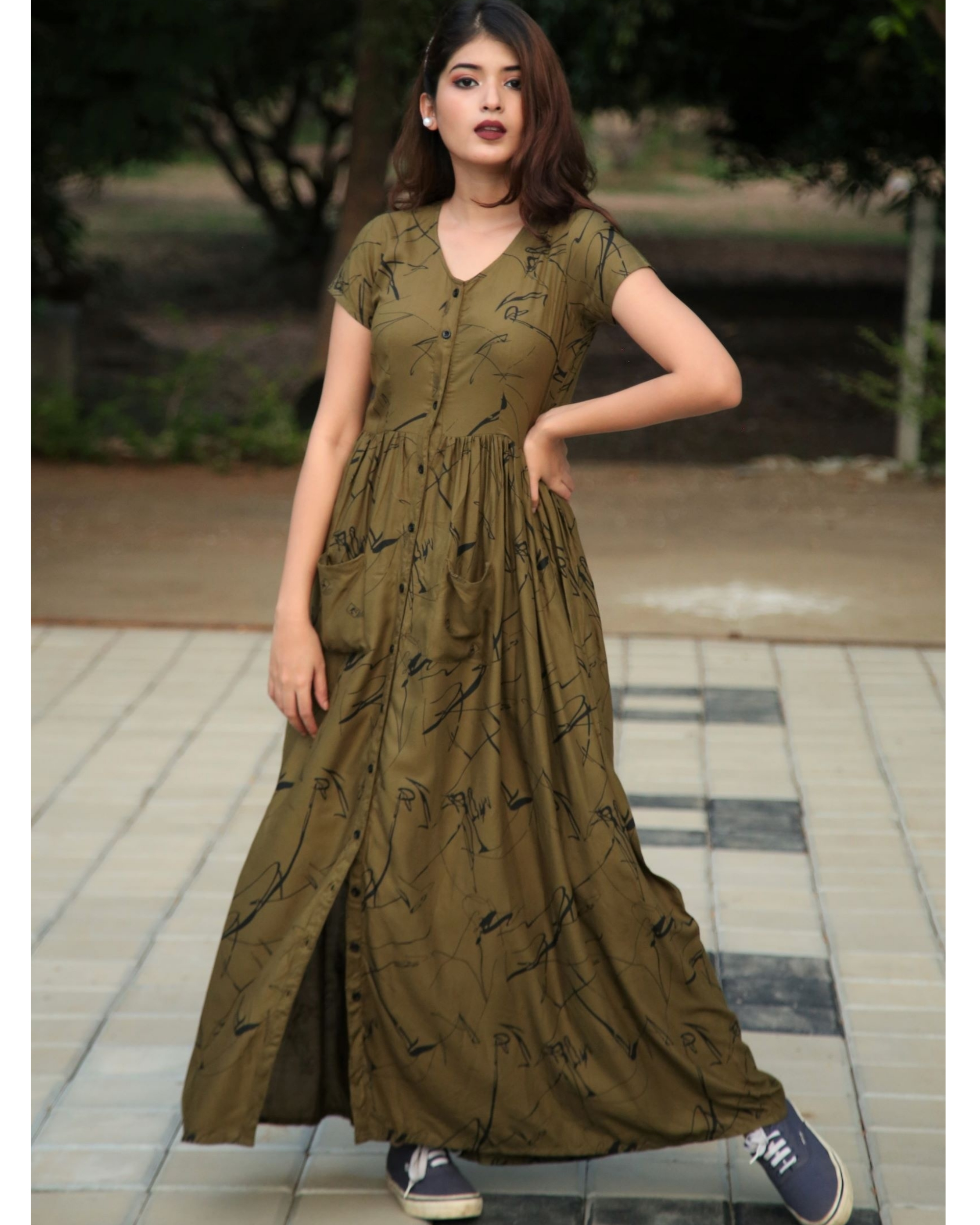 Olive rayon dress with belt by The Anarkali Shop | The Secret Label