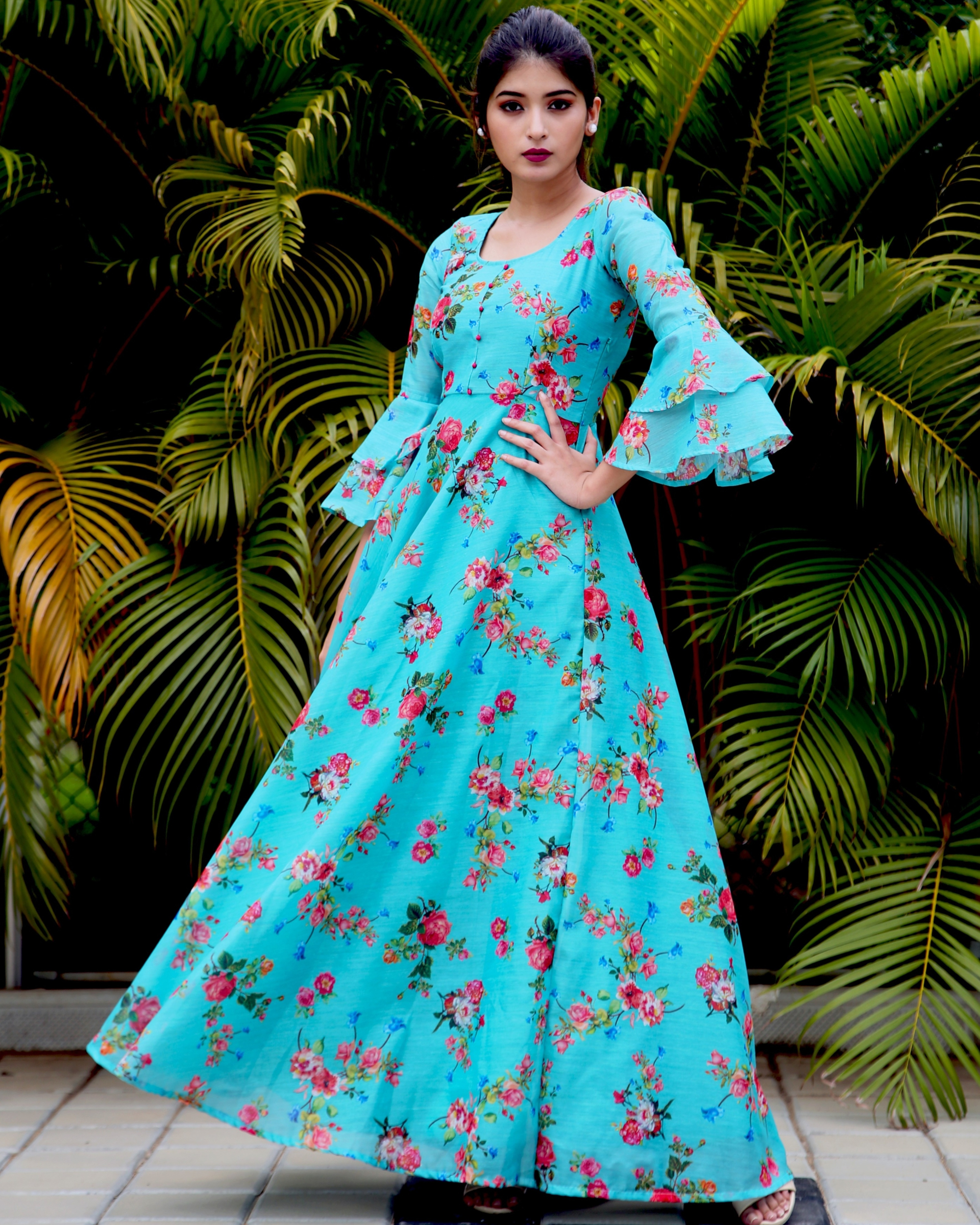 Blue floral bell sleeves maxi by The Anarkali Shop