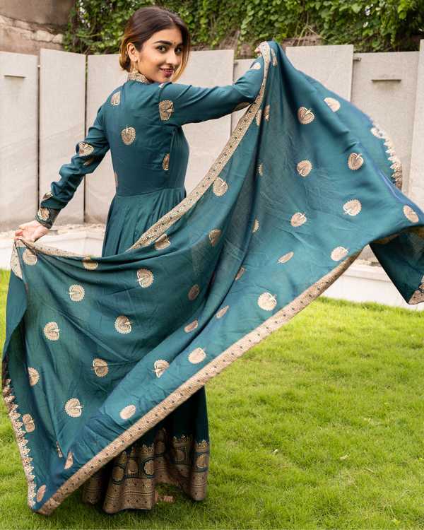 Teal and Gold Flared Anarkali with Dupatta - Set of Two by Desi Doree ...