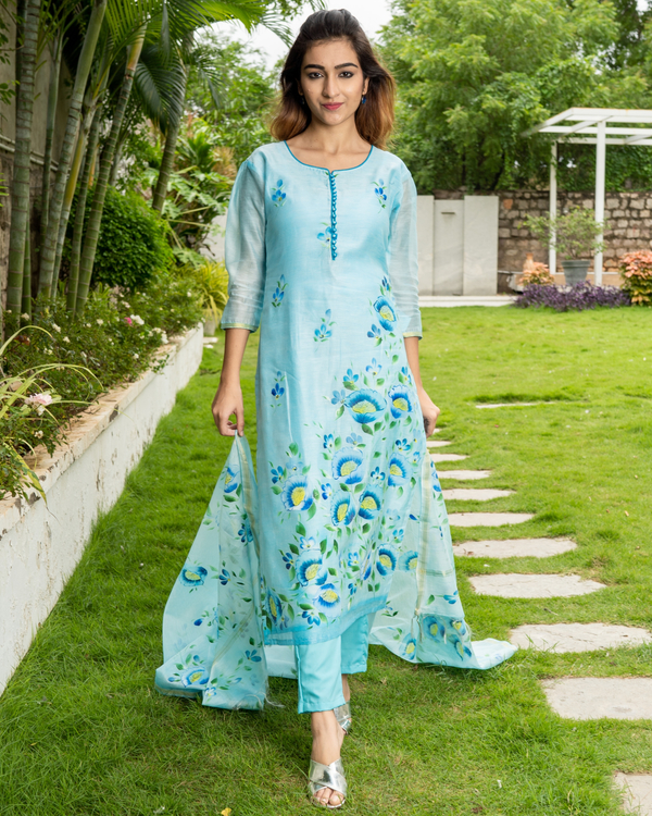 Blue Hand Painted Kurta with Chanderi Dupatta - Set of Two by Desi ...