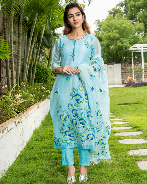 Blue Hand Painted Kurta with Chanderi Dupatta - Set of Two by Desi ...