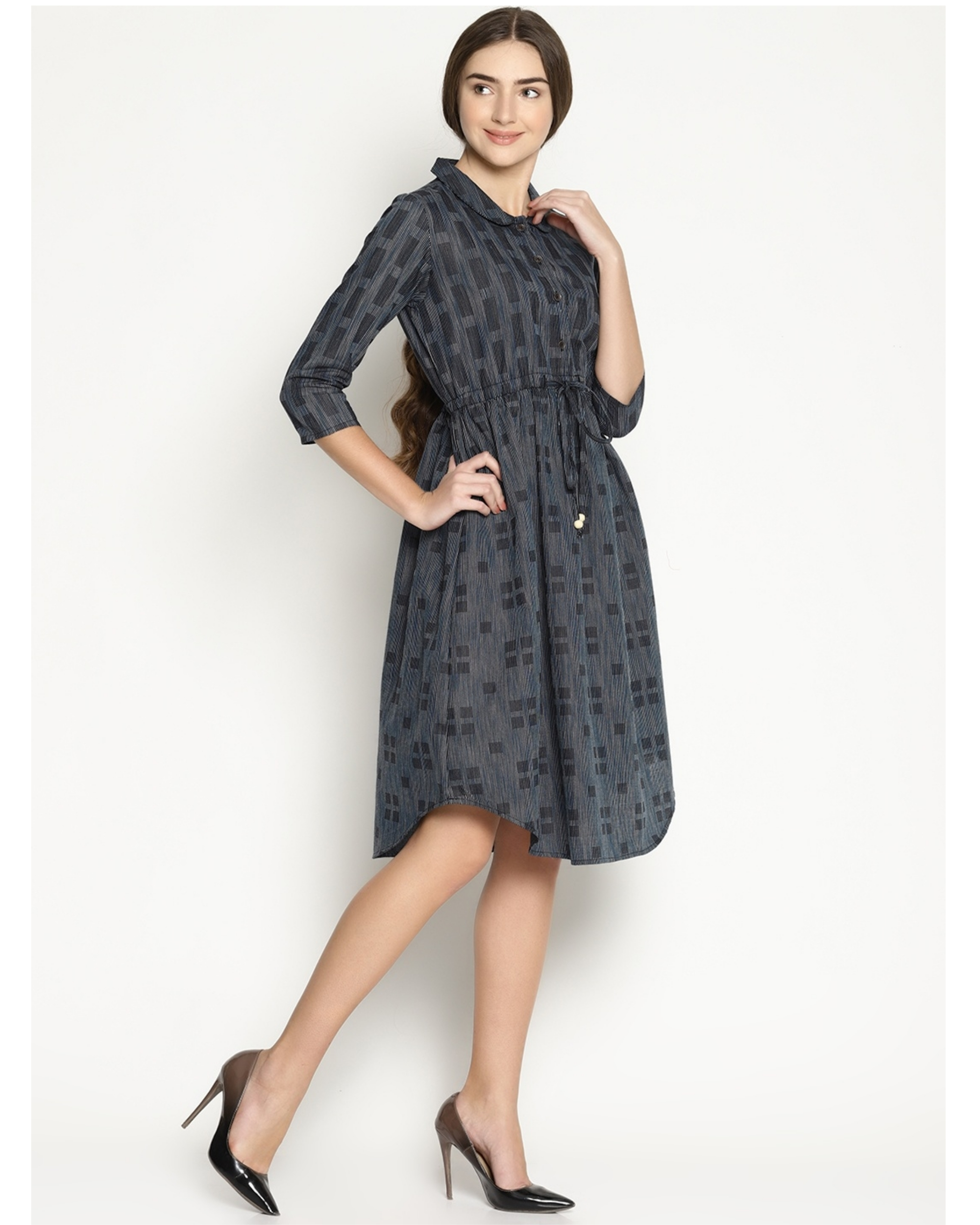 Grey woven dress with english collar by UNTUNG | The Secret Label