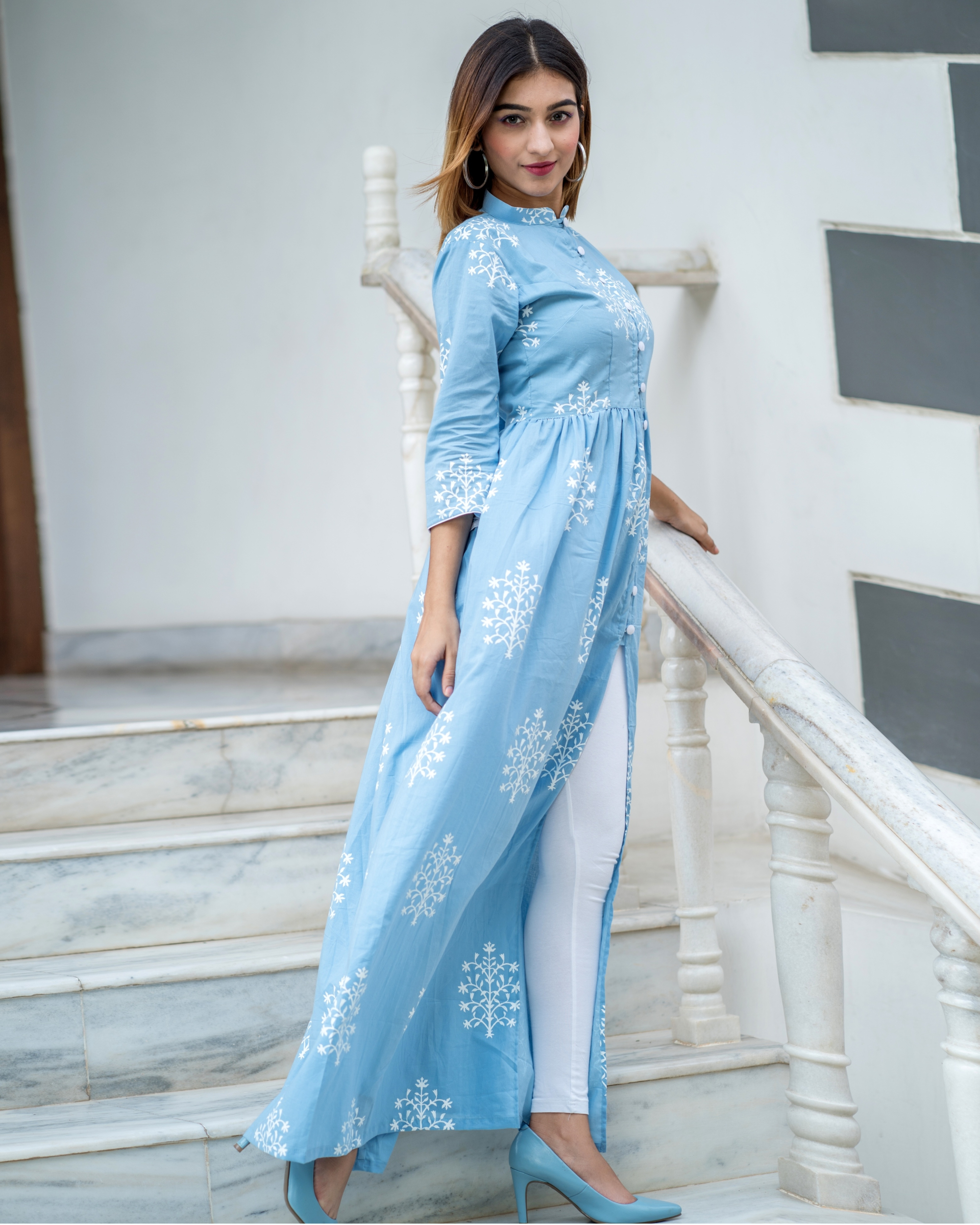 Sky Blue Cape with White Printed Motif by The Weave Story | The Secret ...